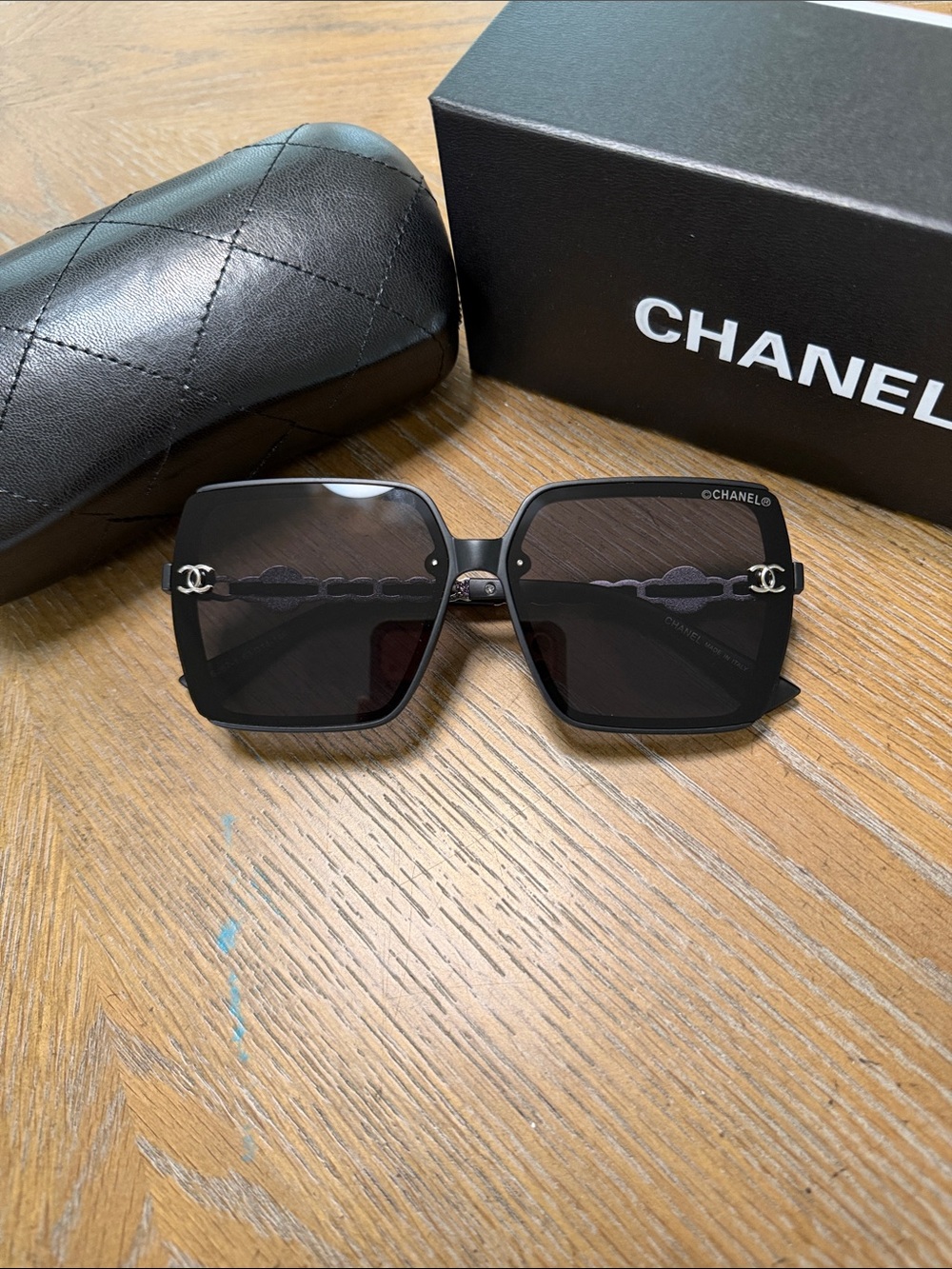 CHANEL Black & Silver Oversized Square Chain-Accent Sunglasses - Picture 2 of 9
